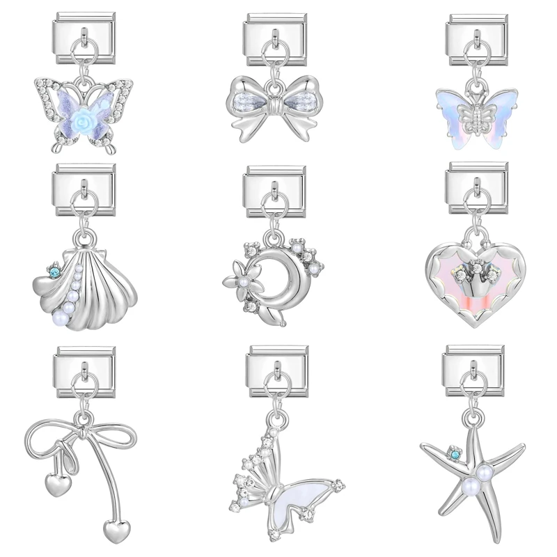 Creative Butterfly Shell Crown Starfish Italian Charm Links Fit 9mm Bracelet Stainless Steel DIY Jewelry Making Birthday Gift