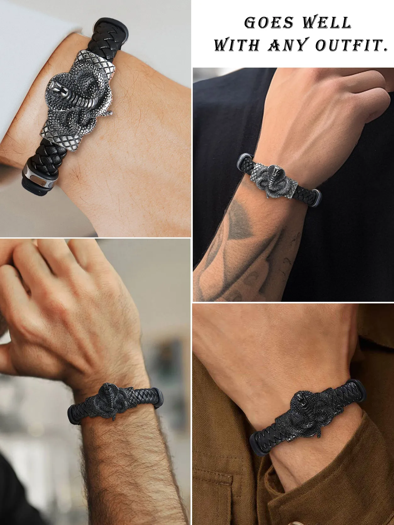 U7 Stainless Steel 13mm Wide Leather Bangle Bracelet for Man Cobra Snake Charm 19/21/23cm Bracelet Magnetic Clasp Gothic Jewelry view 4