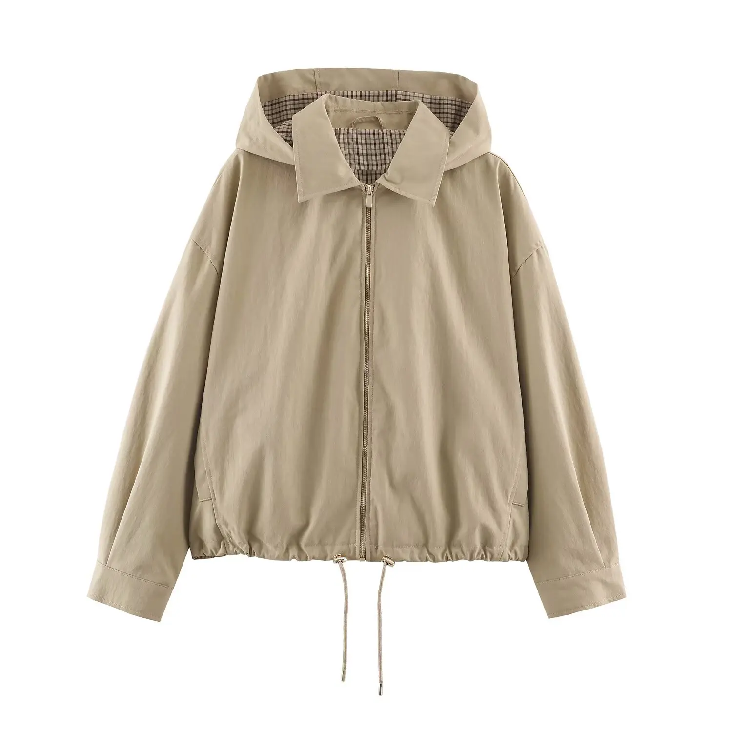 BSAY 2026 Herbst Damen Jacke mit abnehmbarer Kapuze, Revers, Reißverschluss, Kordelzug am Saum, kariertem Futter, lockerem Schnitt, langen Ärmeln, Business-Casual-Oberbekleidung – Detail 2