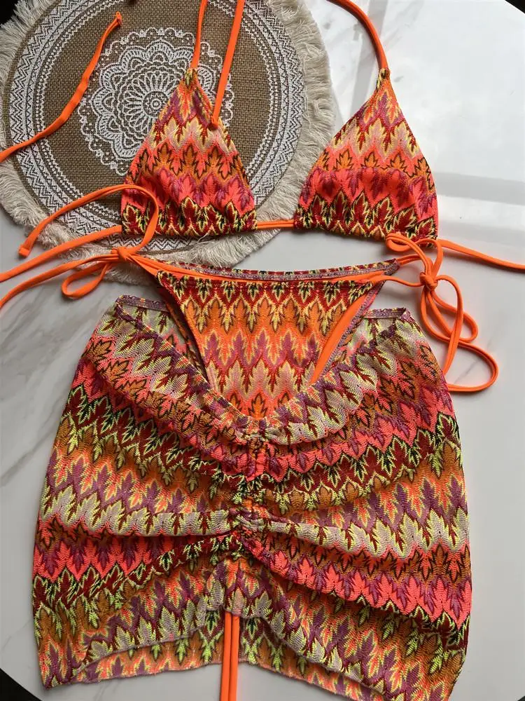 Fashion Knitted Bikini Set Dress Cover-Up Sweet and Spicy Girls In Summer Striped Print Bohemian Swimsuit for Women