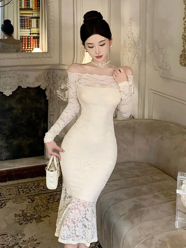 Elegant One-shoulder Lace Dress for Ladies Popular Birthday Dress for Women Hip-covering Fishtail Long Dress