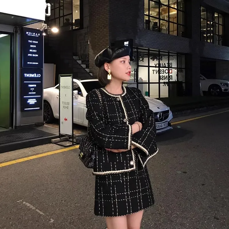 Plaid Set Of Women's 2026 Spring New Coarse Woolen Skirt Two-Piece Woolen Coat And Skirt Suits Black Short Jacket Autumn Outfit