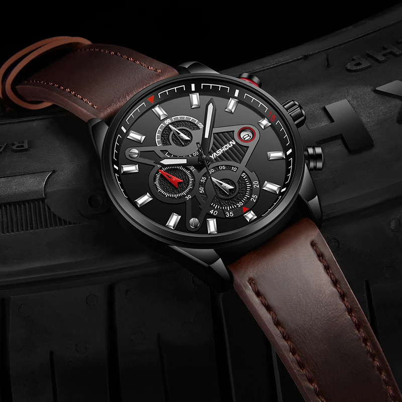 

YASHIDUN новые часы из натуральной кожи, мужские роскошные хронографы, водонепроницаемые кварцевые часы, мужские кожаные спортивные часы в стиле милитари, мужские часы