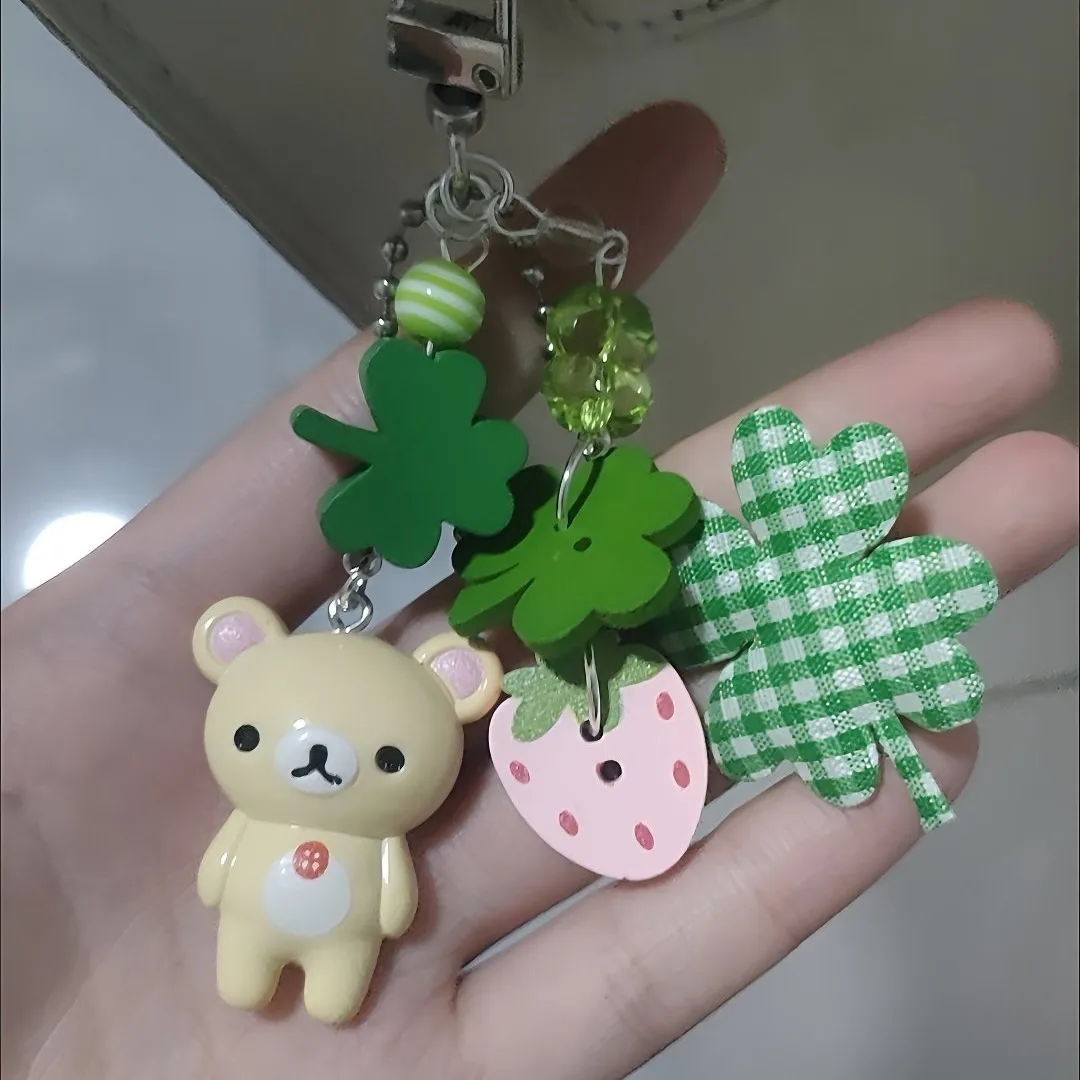 Rilakkuma Handmade Resin Clover Strawberry Cute Keychain Vintage Kawaii Y2K Aesthetic Cellphone Strap Bag Charm Keyring Gift - Detail 1