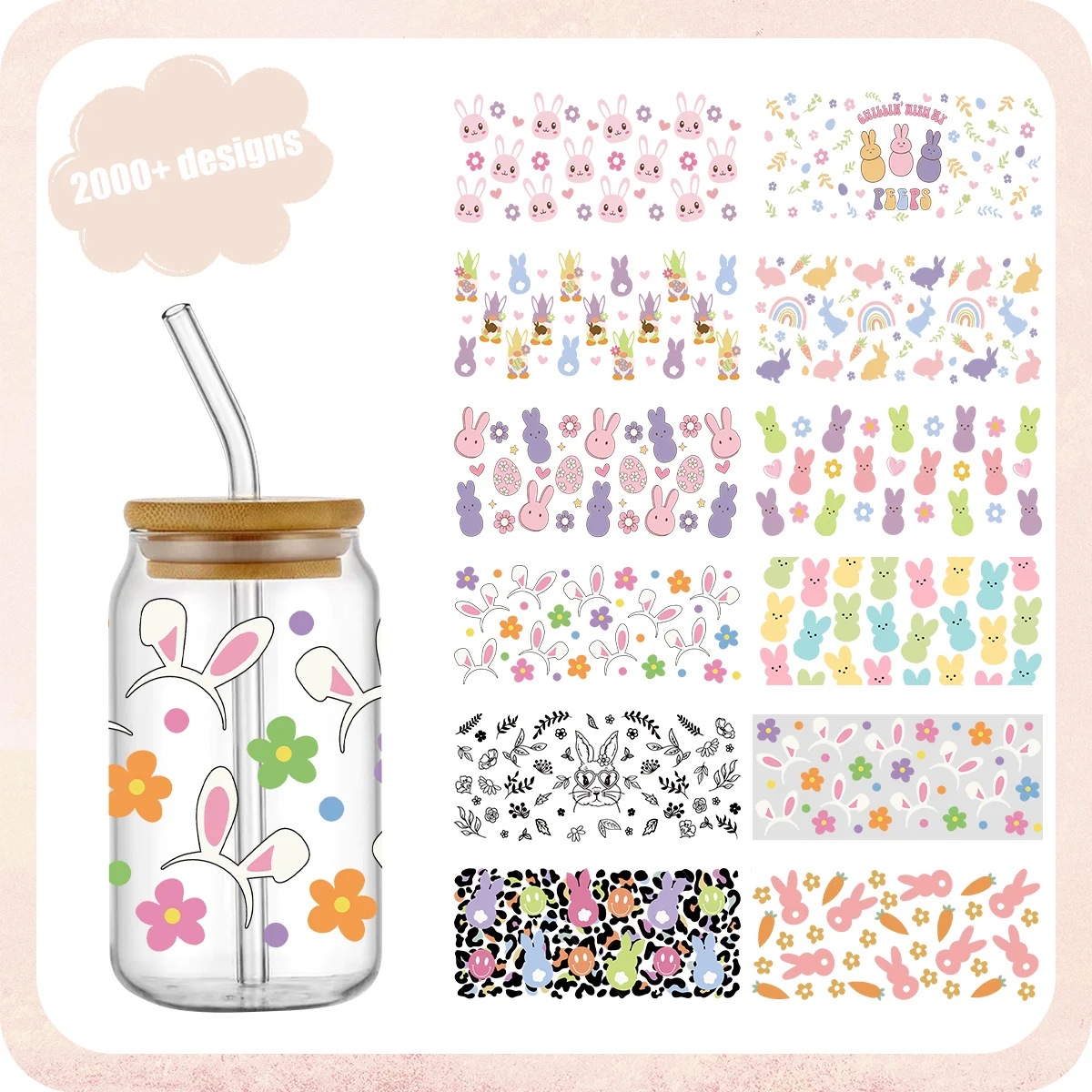 

Easter UV DTF 16Oz Cup Wraps Easy to Apply Transfer Stickers for Libbey Cans Rabbit Decals