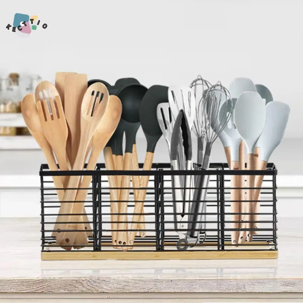 

Large Capacity Cooking Utensils Storage Basket Detachable 4 Compartment Cutlery Holder Drainable Ventilated