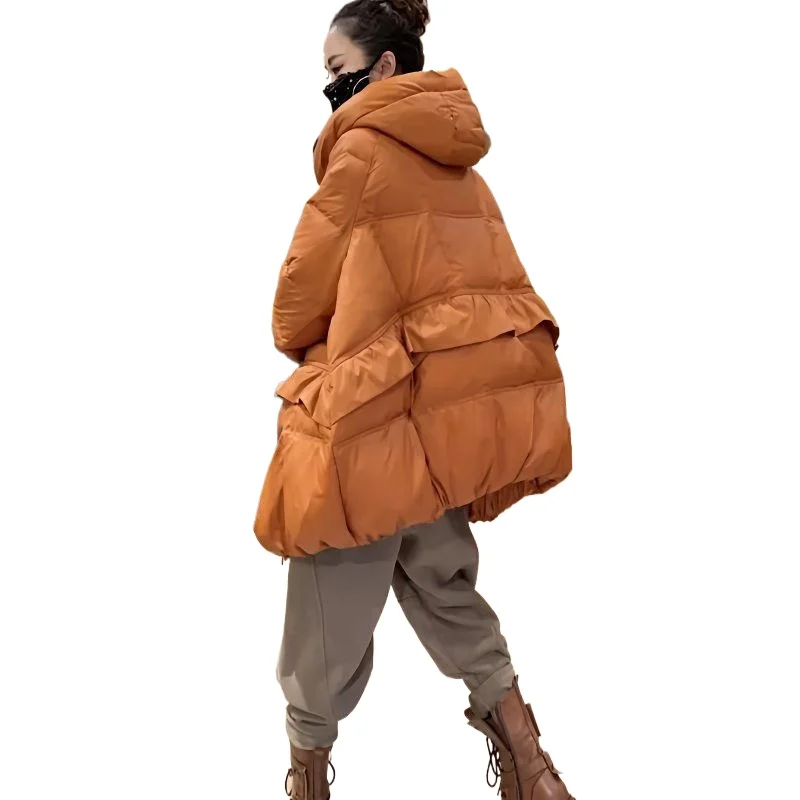 Pato branco para baixo jaqueta feminina anti-temporada especial nova moda solta médio e longo engrossado quente com capuz design de cor sólida