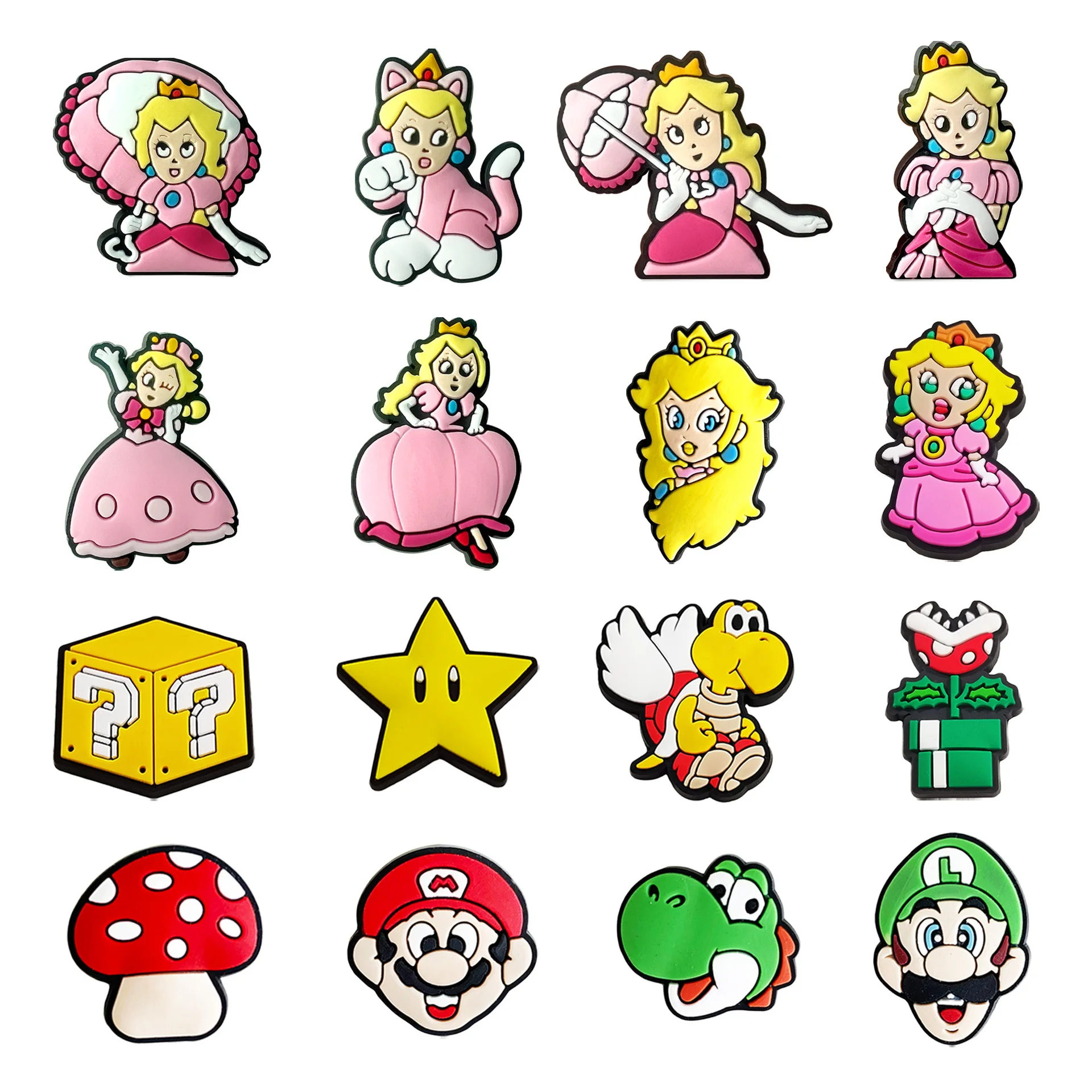 16pcs Mario Princess Peach Shoe Charms Shoe Flower Cartoon Funny Shoe Accessories Fit Croc Clog Decorations Buckle Unisex Gifts