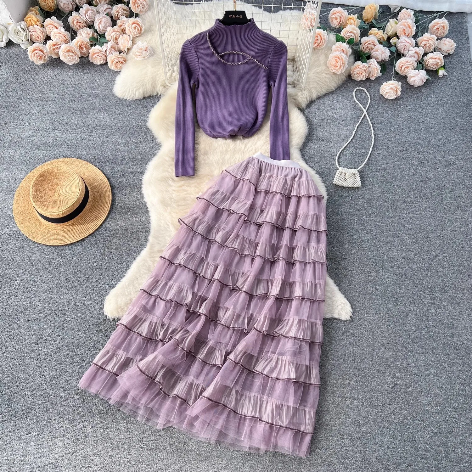 

Fashion Elegant Autumn Winter Women New Knitting 2 Piece Set Sexy Pullover Sweater+Casual Party Cake Skirts Sets