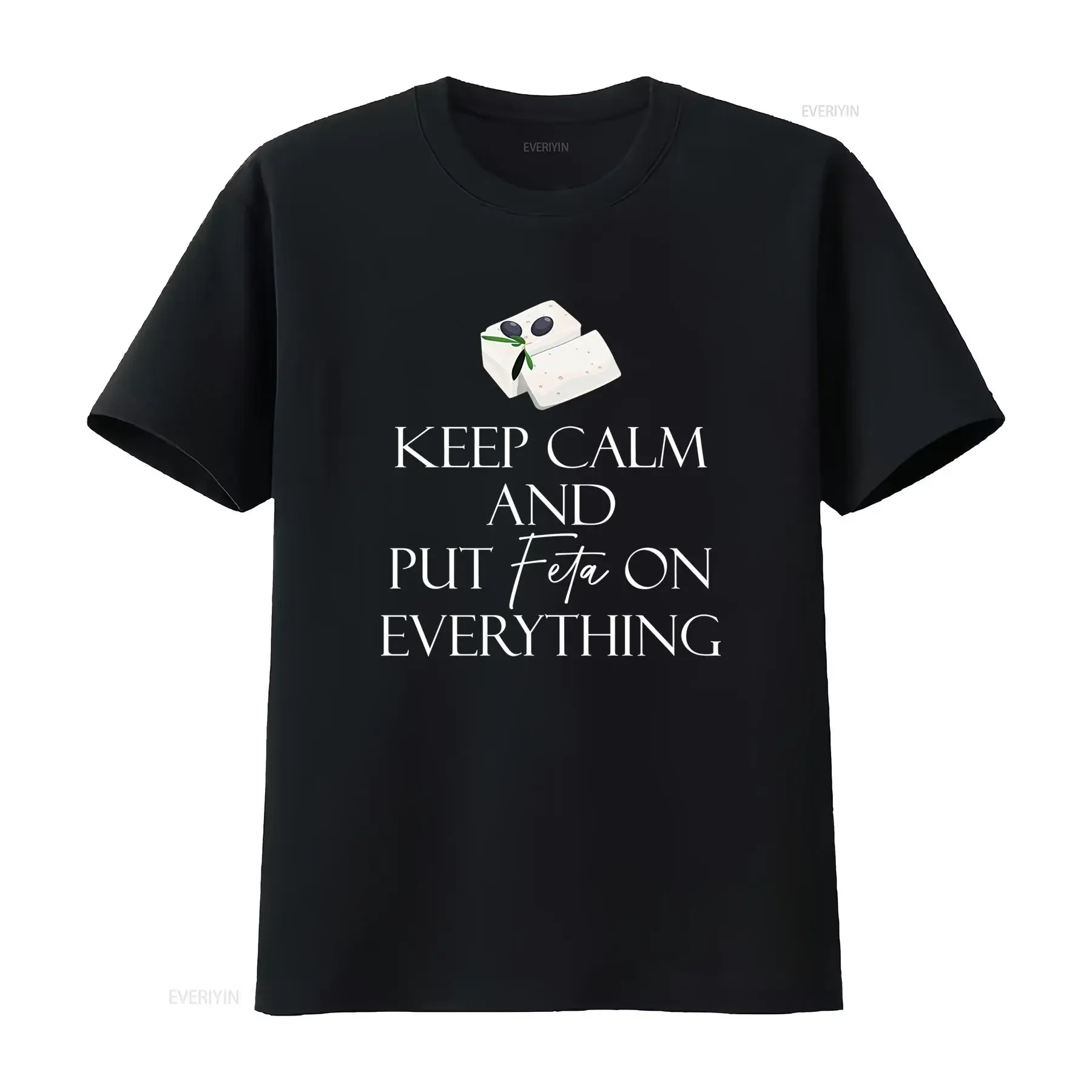 Camiseta para hombre Feta Cheese Lover, diseño 'Keep Calm and Put on Everything', estilo vintage, lavada, cómoda, elástica, de diseñador, ropa única.