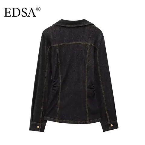 EDSA Dam Svart Denimbyxset Figurnära Skjorta med Påsfickor Pintuck Raka Jeans Långbyxkostym 12 best sales Zara 2-delat set - №7