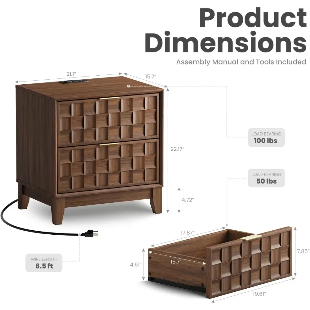Mesa final, estação de carregamento de mesa de cabeceira, mesa lateral de cama moderna com 2 gavetas de armazenamento, alívio de tabuleiro de xadrez para quarto, dormitório pequenos espaços
