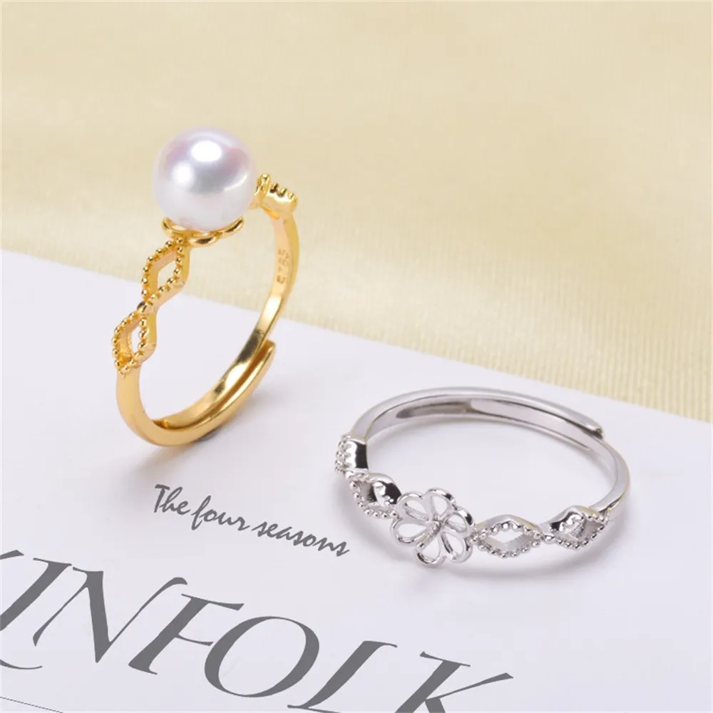 

DIY Pearl Ring Accessories S925 Sterling Silver Pearl Ring Empty Tray Fashion Ring Holder Female Fit 6-8mm Round Flat Beads Z015