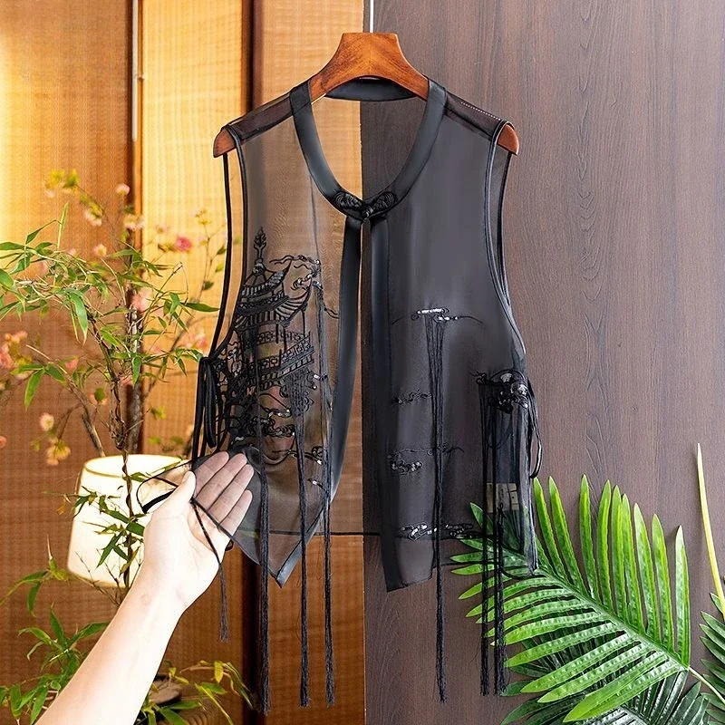 

New Chinese Style Thin See Through Mesh Vest for Women Heavy Embroidery Tassel Tank Top Summer New Sleeveles Loose Tops Mujer