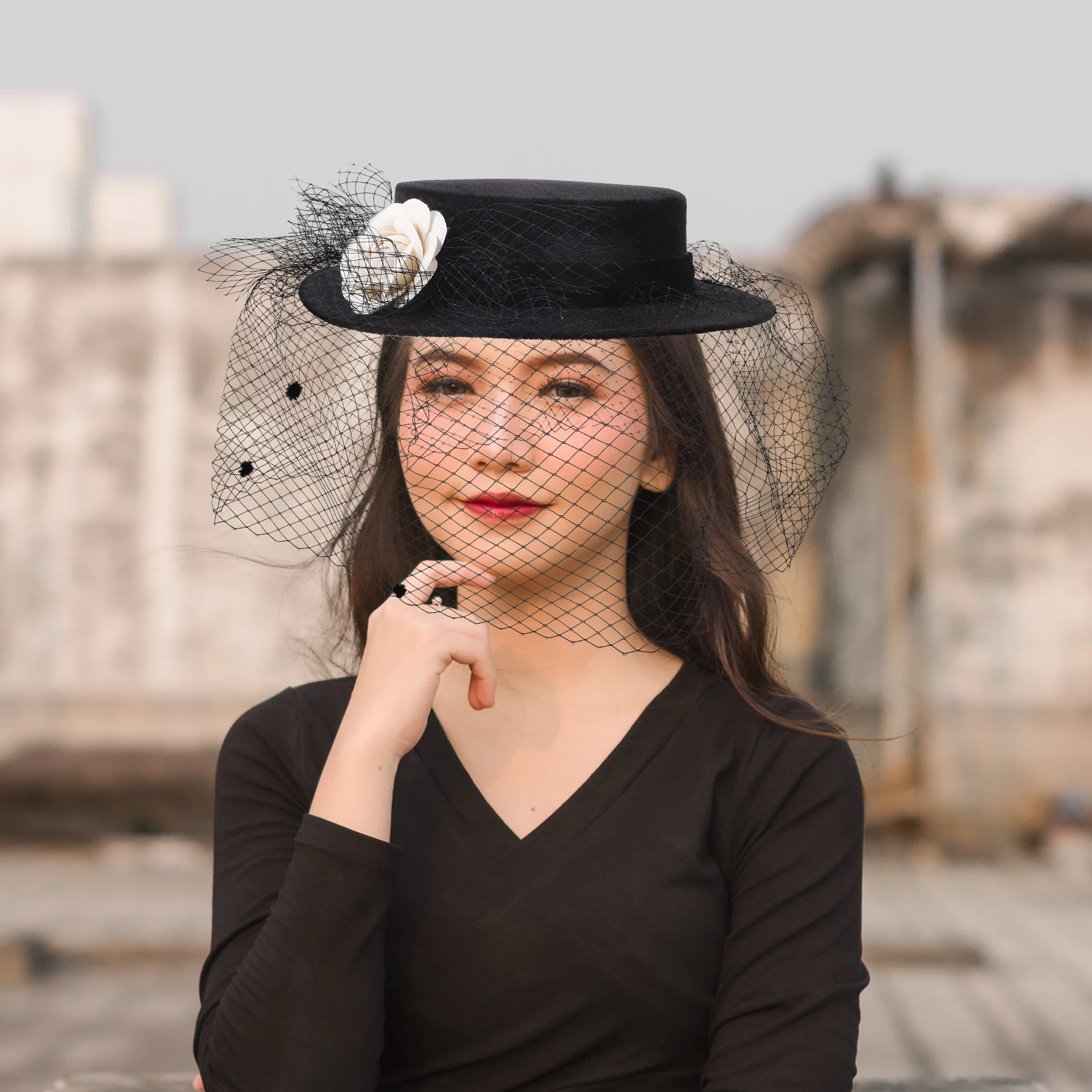 

Hat Women Black Veil Wedding Party Fashionable Breathable Sun Protection Wide Brim Fascinator Hat with Mesh for Photos