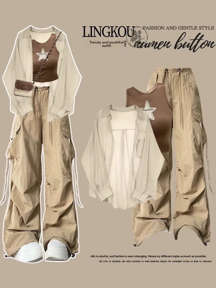 Fashionable Retro Summer New Arrival Small Size Women's Set Casual Sun Protection Shirt And Long Pants Ensemble