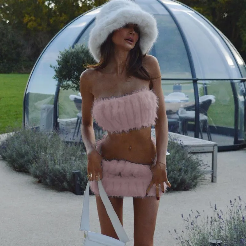 

Sexy Artificial Fur strapless and hip hugging skirt set that 2025 all year round wearable street club solid color mini skirt set