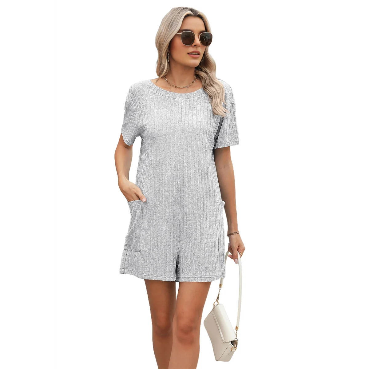 Womens Summer Short Sleeve Romper Loose Casual V Neck Shorts Overalls Ladies Dressy Comfy Jumpsuits with Pockets Light Gray M