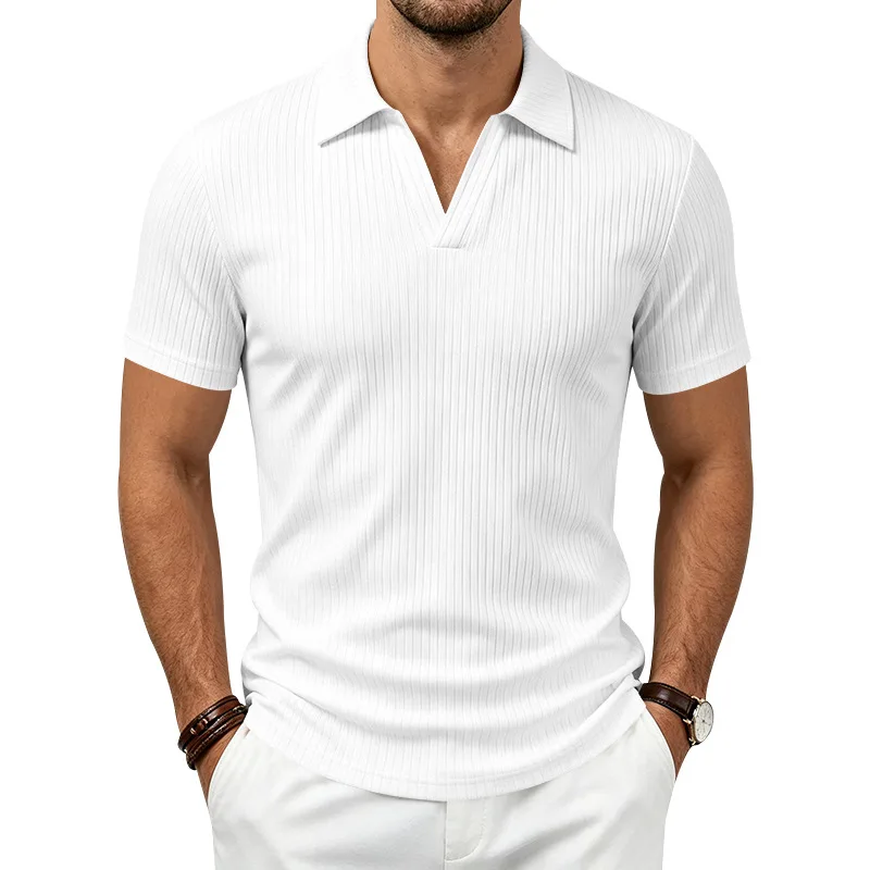 European and American men's V-neck Polo shirt T-shirt, vertical strip business casual lapel short sleeve