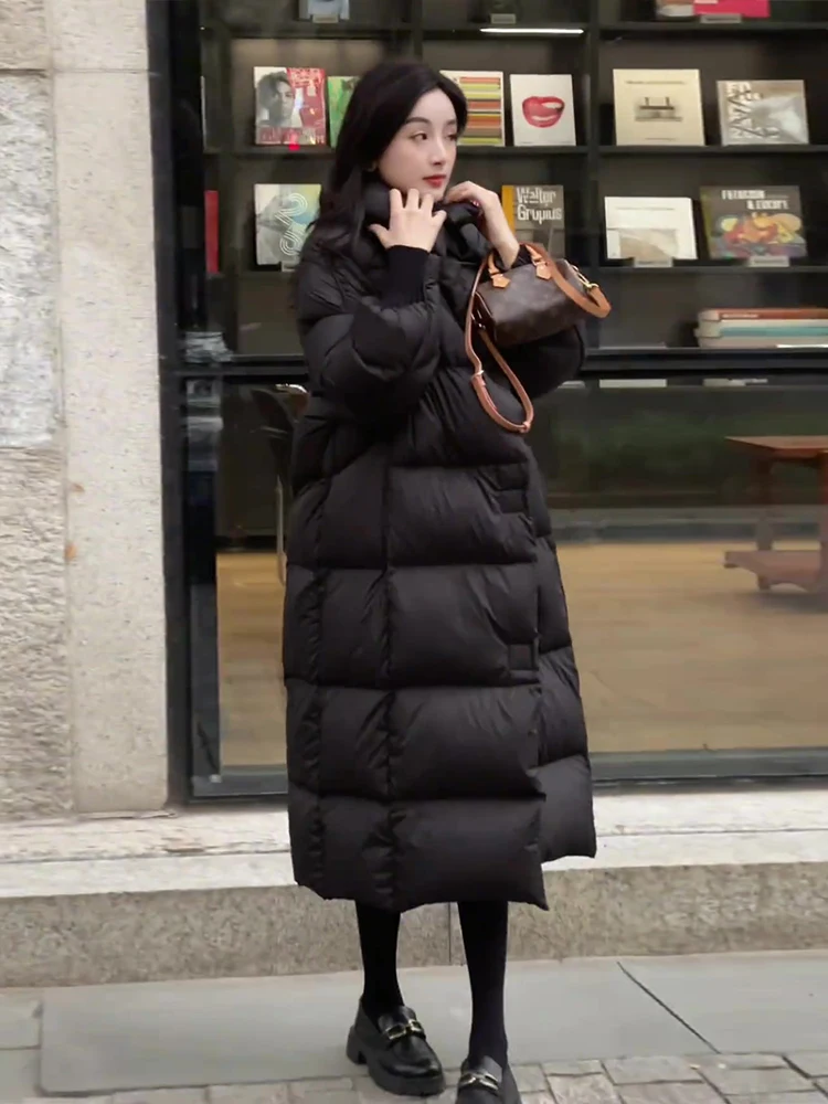 트렌디 롱 블라 듀 다운 패딩 재킷 여성 캐주얼 슬림 롱 스탠드 칼라 브레드 디자인 겨울 코트