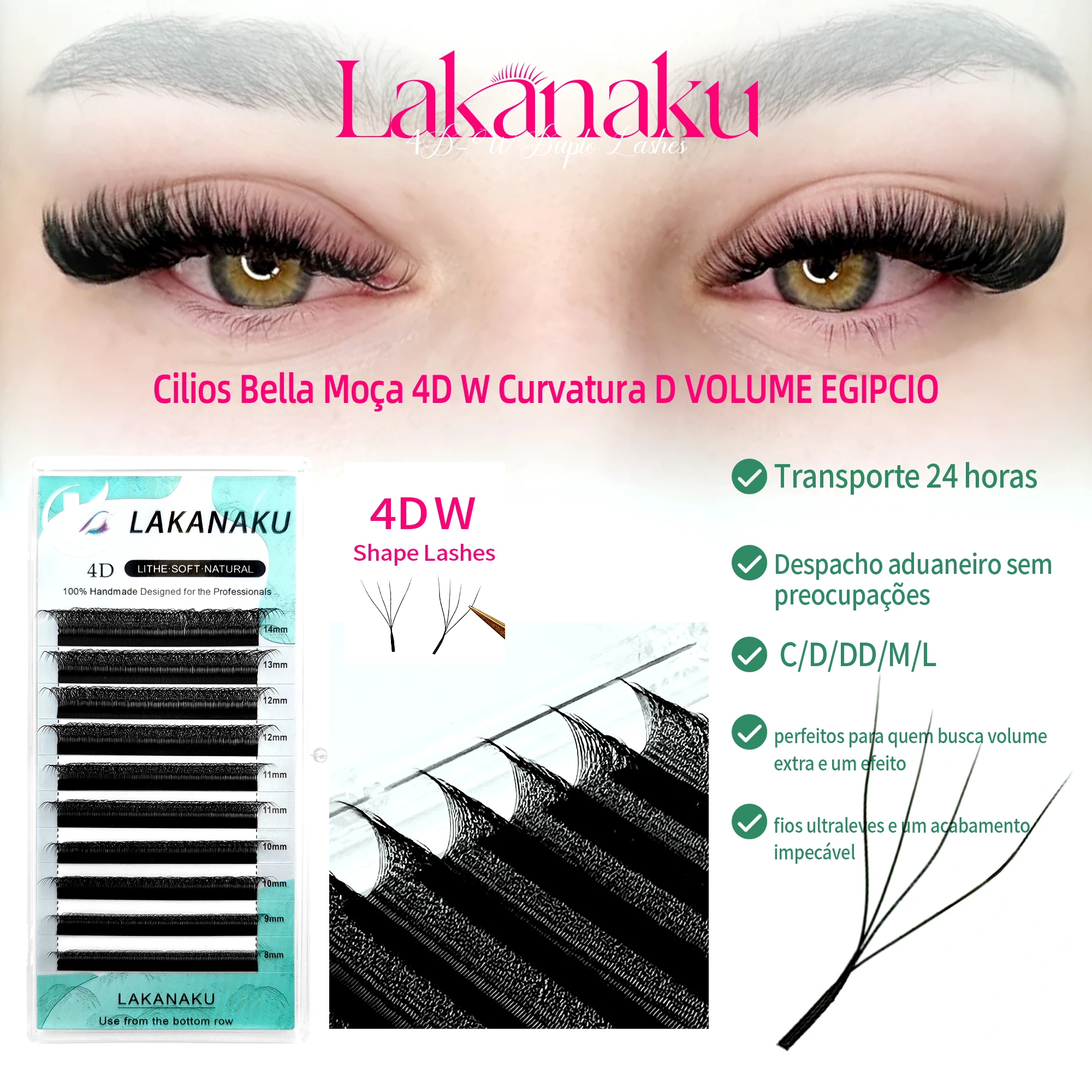 Extensiones de pestañas LAKANAKU Fio 4W, ventiladores de volumen prefabricados, forma de W, volumen ingles, pestañas postizas suaves