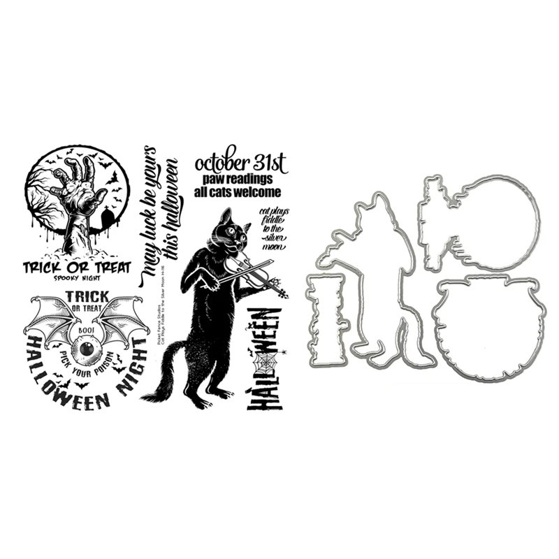 Cutting Dies Clear Stamp Halloween Scrapbooking For Card Making Cat Plays Fiddle to the Silver Moon