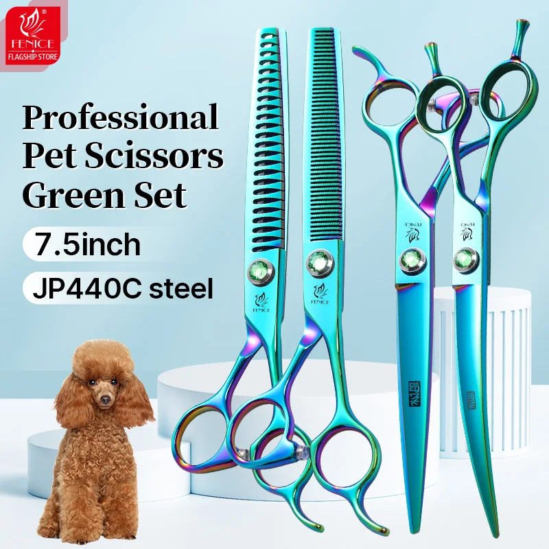 Fenice High-end 7.5 inch JP440C Steel Pet Grooming Bright Green Scissors Shears Set Kit Tools for dog groomers