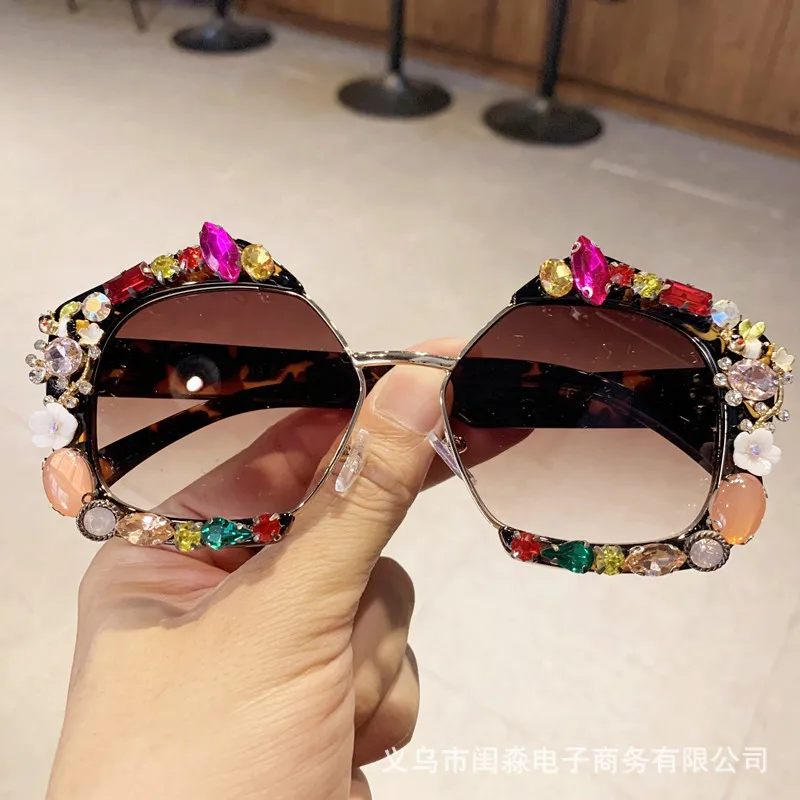 2023Sun Glasses Female Tide Half Frame Color Diamond Exaggerated to Make Big Face Thin-LookedinsInternet Celebrity Same Stage Pe