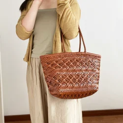 Hand-woven Baotou layer cowhide Women's French grocery basket handmade retro leather one-shoulder Tote bag