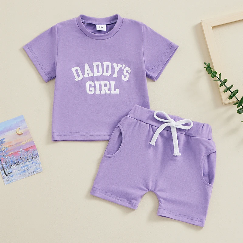 

Toddler Baby Girls Summer Outfits Set Short Sleeve Letter Print Solid T-shirt Elastic Shorts Set Summer 2-piece Daddys Girl