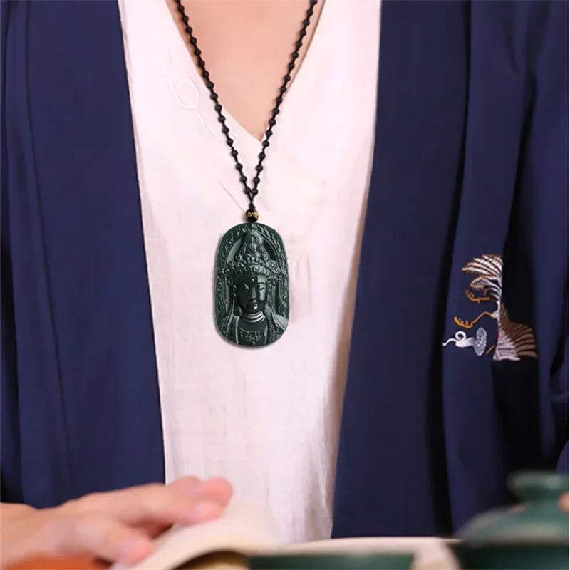 

Mai Chuang/ Natural He Tian Cyan Jade Hand-carved Guanyin Head Necklace Pendant Fashionable men and Women Couple Peace Amulet