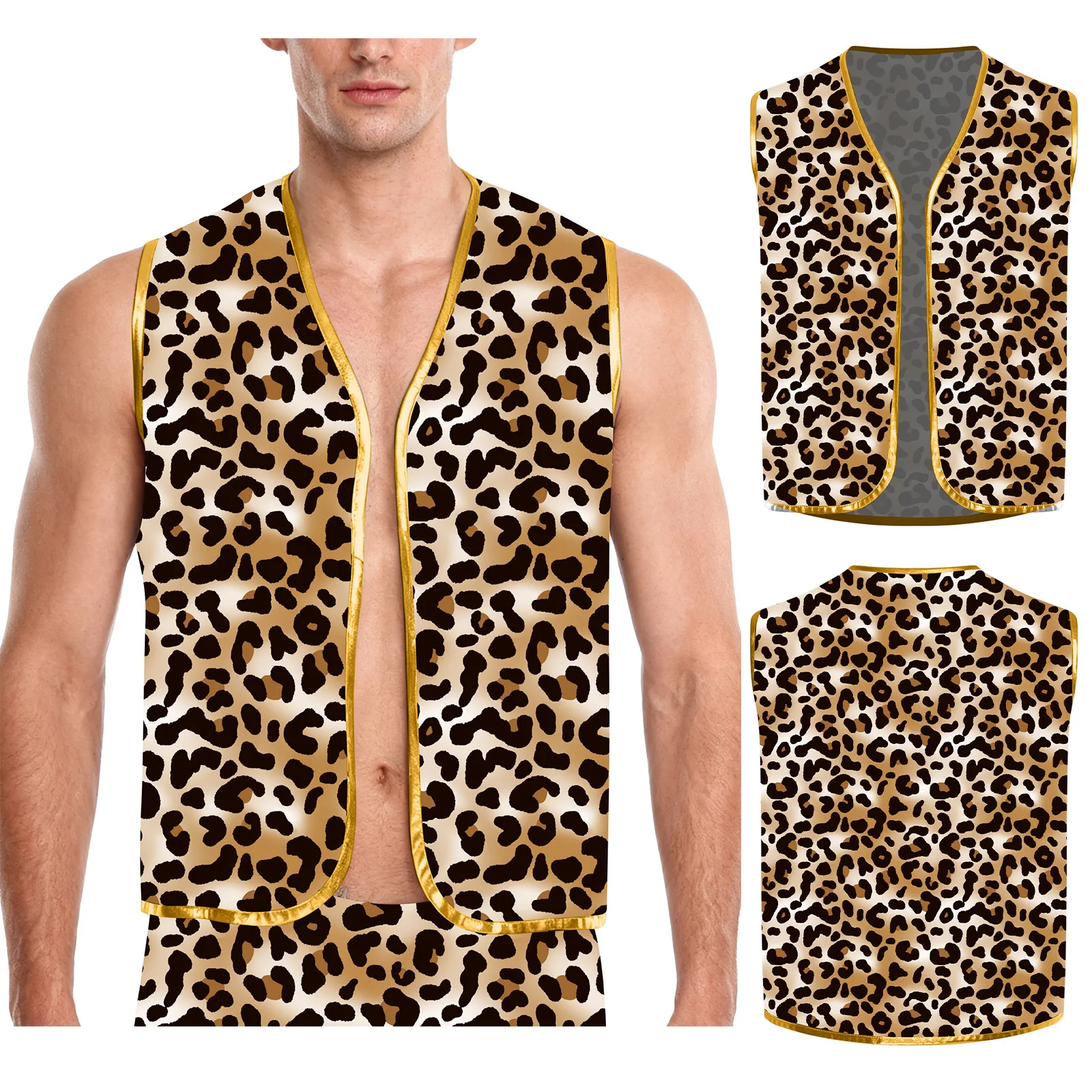 

Men Vintage Leopard Vest Tops Halloween Western Cowboy Cosplay Costume Sleeveless Open Front Waistcoat for Party Club Vests