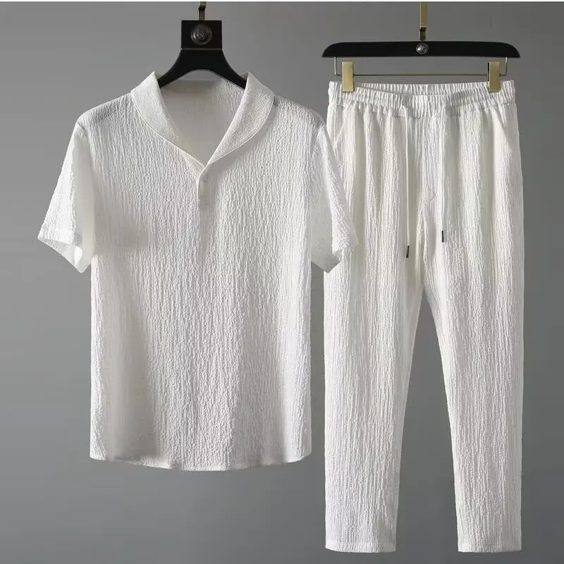 

Summer Ultra-thin Five-quarter-sleeved Ice Silk Linen Suit Men's Cotton And Linen Two-piece Set Loose Medium-sleeved T-shirt