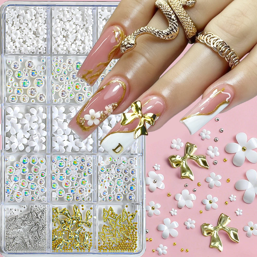 

15Grids 3D Floral Pearls Bows Nail Charms Luxury Gold Metal Beads Butterfly Bows White Flowers Nail Decoration DIY Nail Supplies