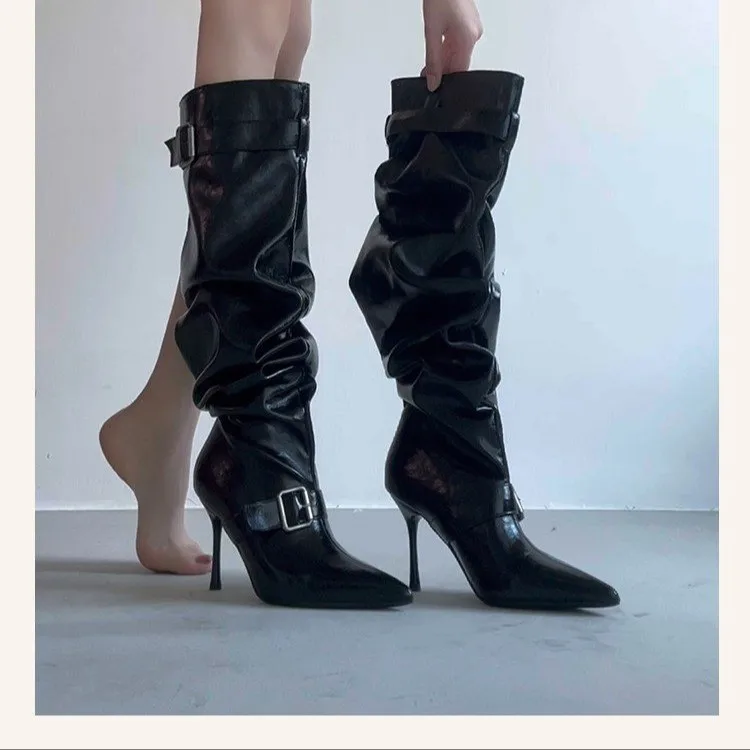Sheepskin Version~Leather Belt Buckle,slim-heeled Riding Boots for Women2026 New High-heeled Pleated Over-the-knee Fashion Boots