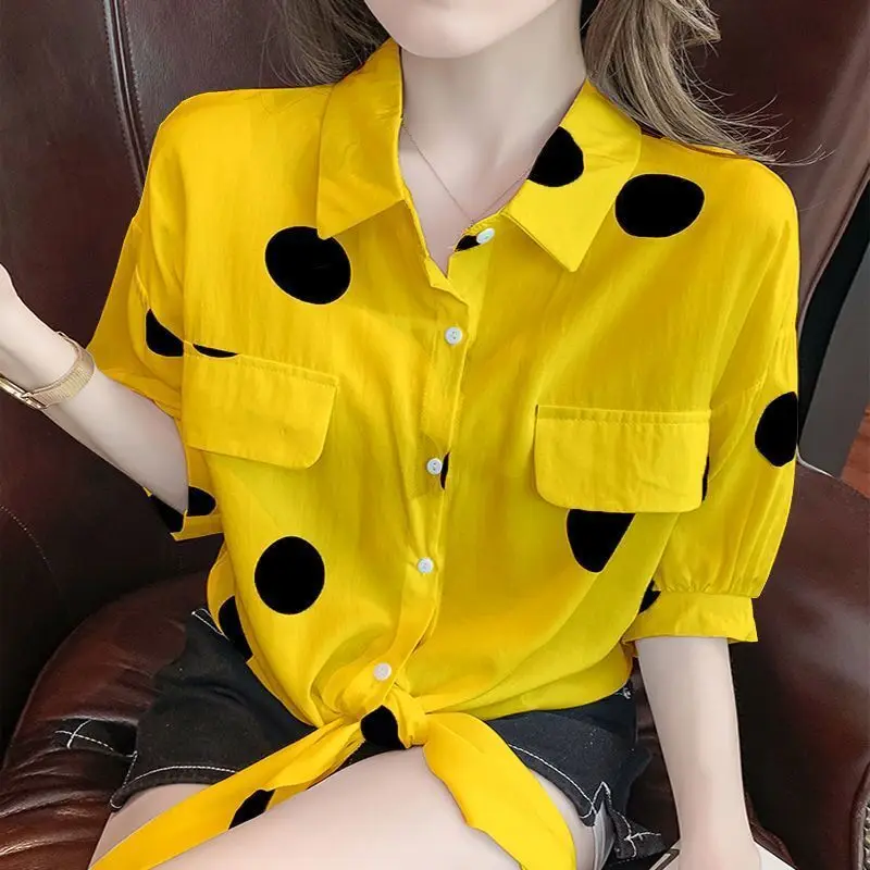 Fashion Bandage Printed Polka Dot Lapel Spliced Pockets Button Loose Puff Sleeve Shirt Summer Commute Tops Casual Women\'s Blouse