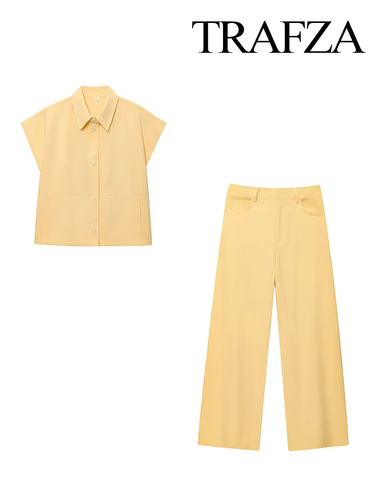 

TRAFZA Women's Solid Pants Suit Loose Single-breasted Lapel Loose Vest+High-waisted Zipper Wide-leg Casual Side Pocket Pant