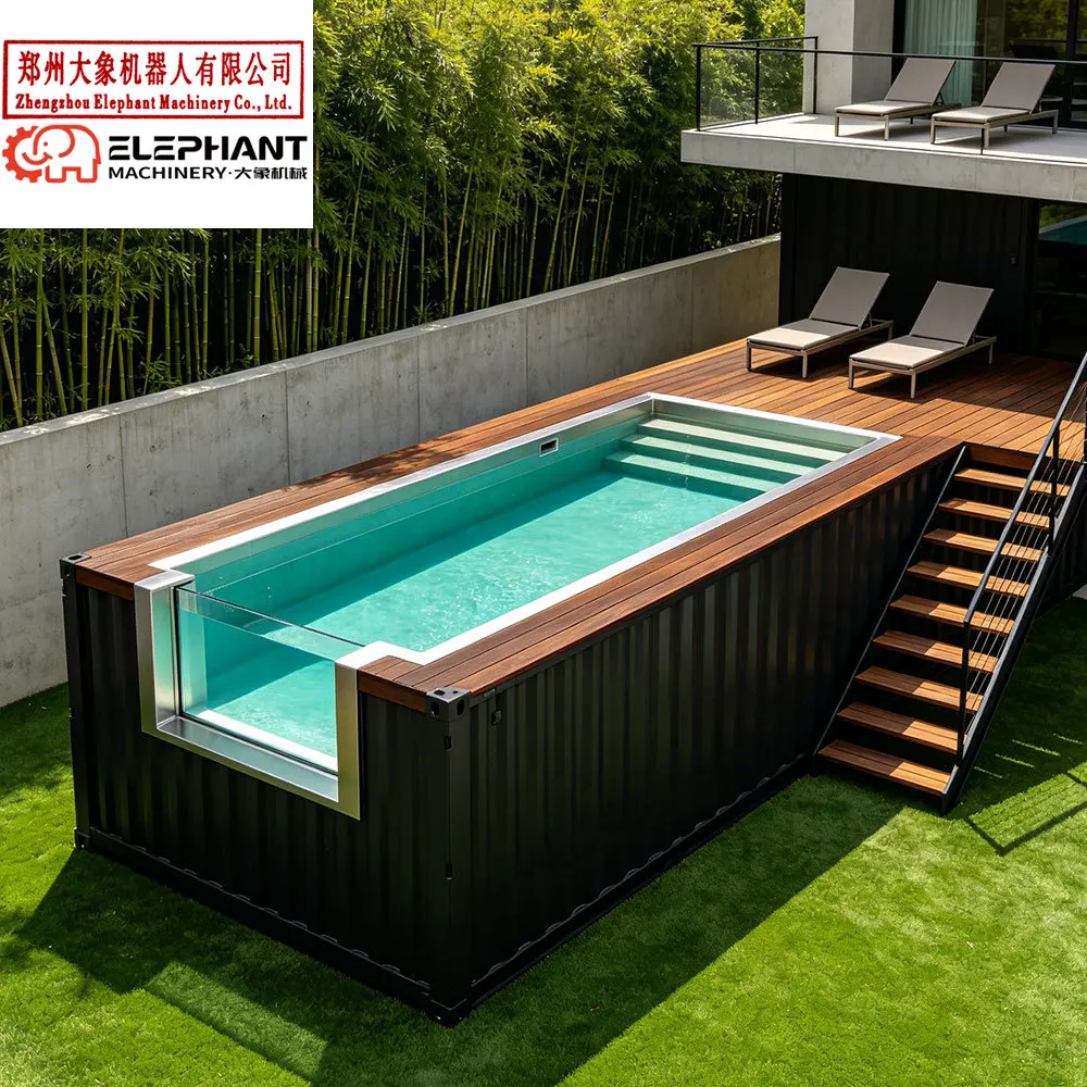 China Modular Wooden Terrace Deck 20 ft Above Ground Cargo Fiberglass Container Swim Pool 32 ft Above Ground with Raised Decking