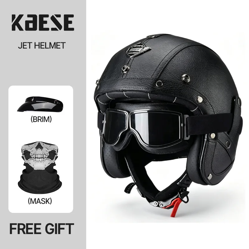 KAESE Classic Gray Cafe Retro Hand Stitching PU Jet Helmet 3/4 Open Face Vintage Motorcycle Helmet With Goggles Skull Mask