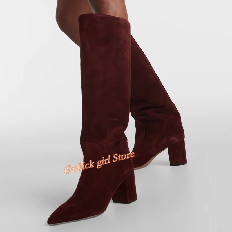 Burgundy Block Heel Suede Boots Sexy Pointed Toe Knee High Runway 2024 Women Shoes Square Slip On Leather Lining Winter Shoes