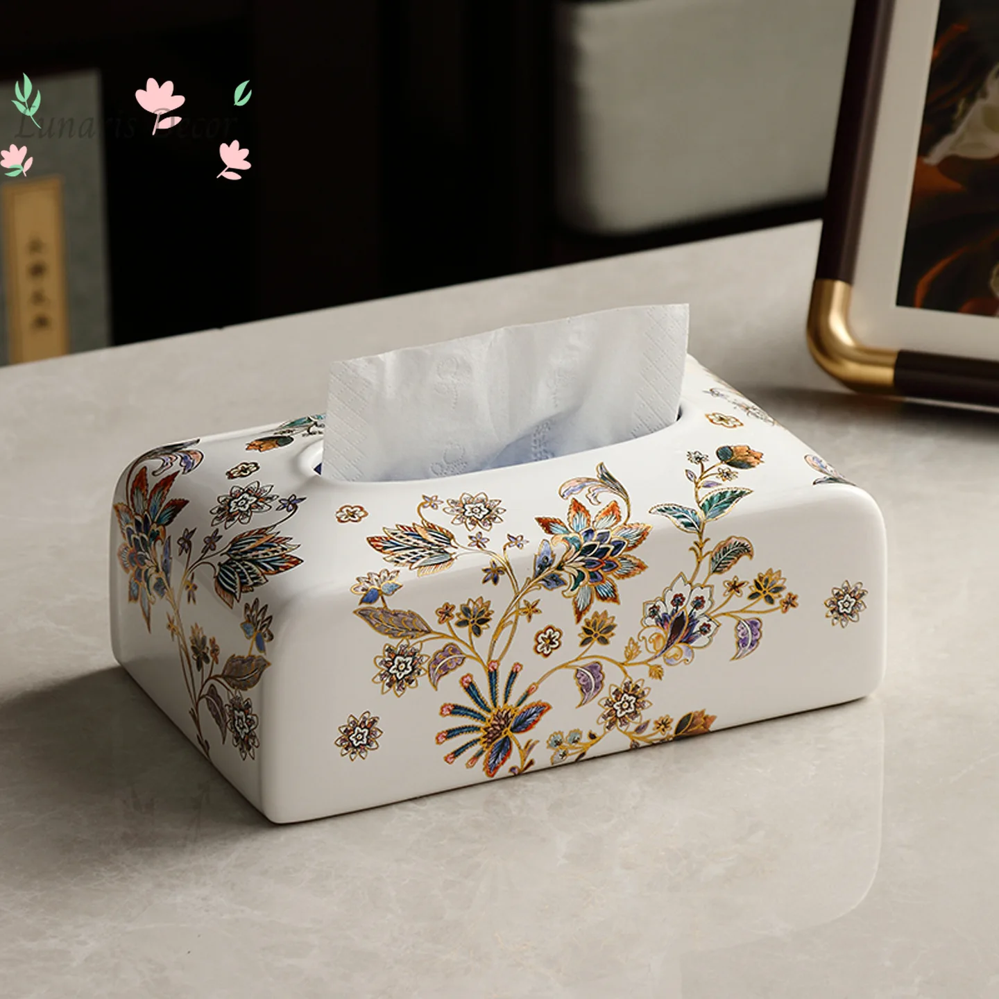 Vintage Floral Ceramic Tissue Holder White with Gold Accent Rectangular Paper Towel Box for Living Room Bathroom
