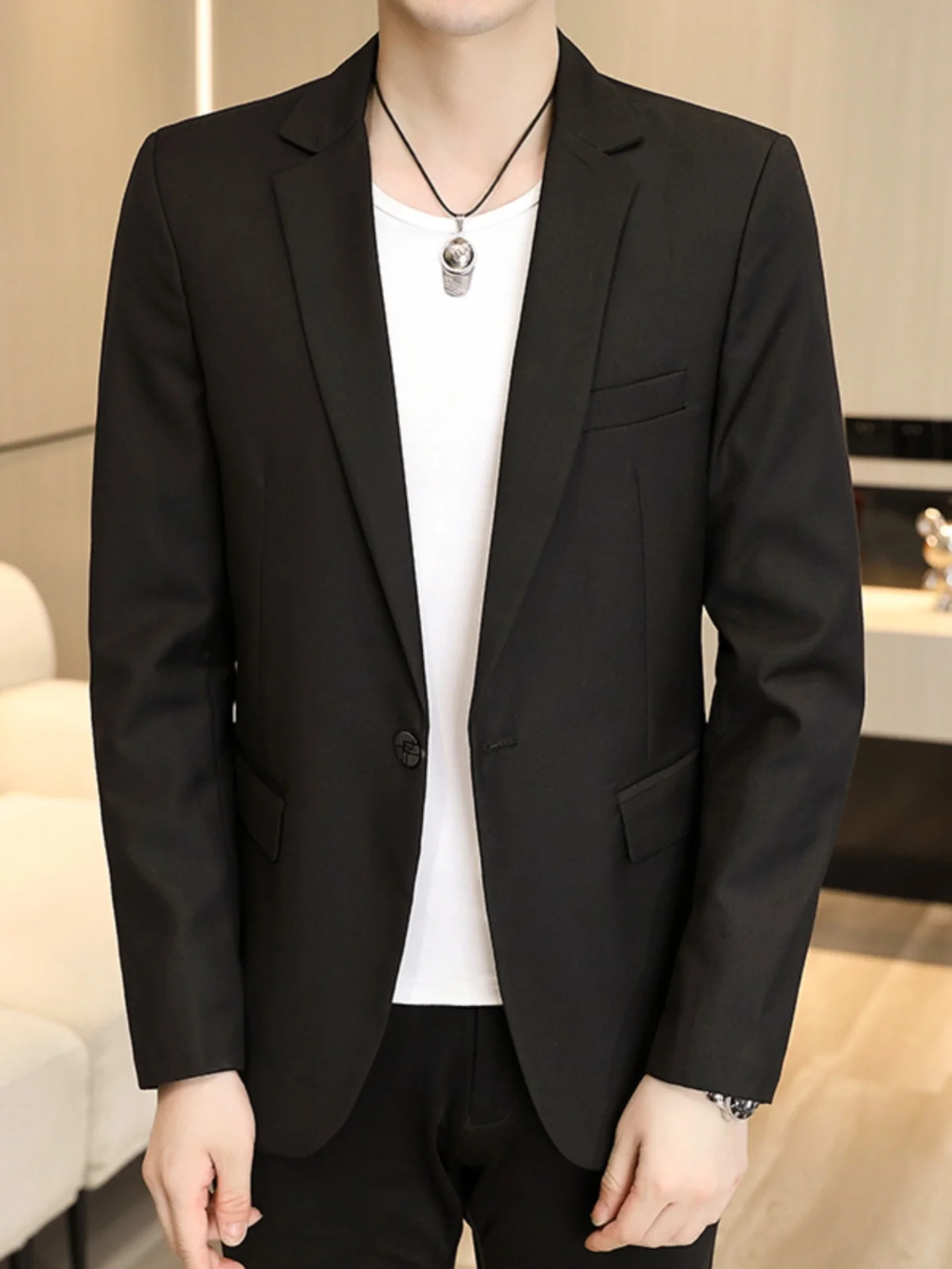 

Повседневный свободный мужской однотонный костюм-пиджак на весну-осень-зиму в британском стиле, простой модный крой, с длинными рукавами