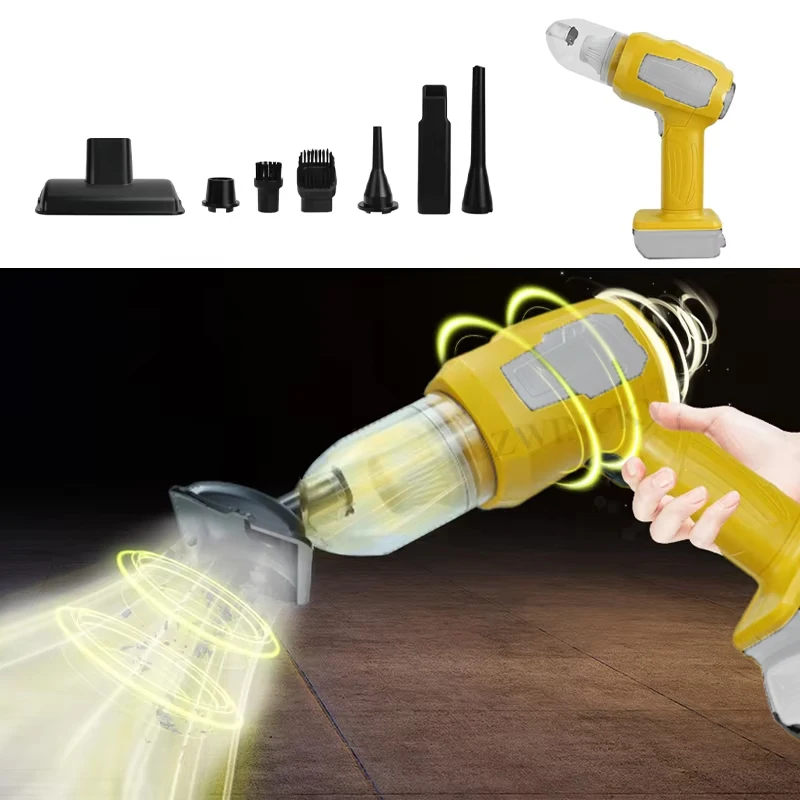 

Миниатюрный портативный беспроводной автомобильный пылесос для чистки клавиатуры и труднодоступных мест в автомобиле, совместимый с аккумулятором DeWalt 20V Li-ion.