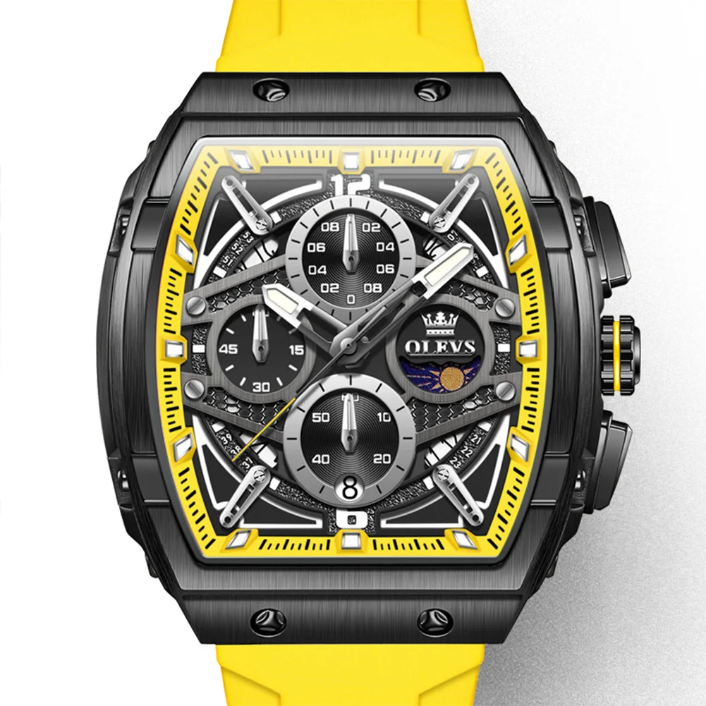 OLEVS Chronograph Sports Men Yellow Watch Military Waterproof Calendar Moon Phase Quartz Men's Watches