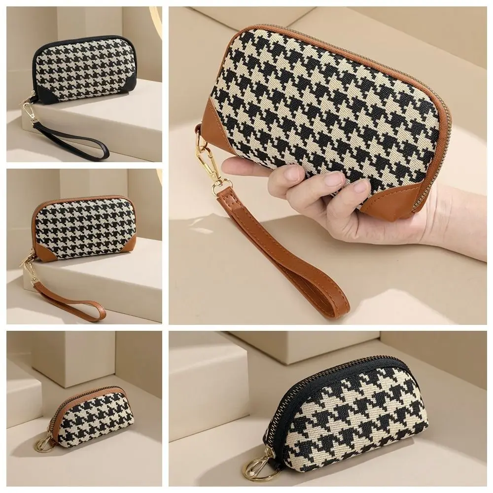 

Portable Pu Leather Long Style Wallet Canvas Car Key Bag Houndstooth Zipper Purse Card Holder Printing Square Change Purse Girls