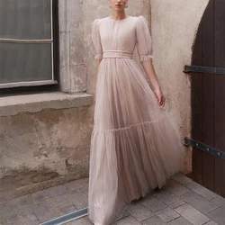 Light Pink Tulle Round neck Evening Dresses Sparkle A Line woman Prom Party Dresses Temperament Dresses For Gala