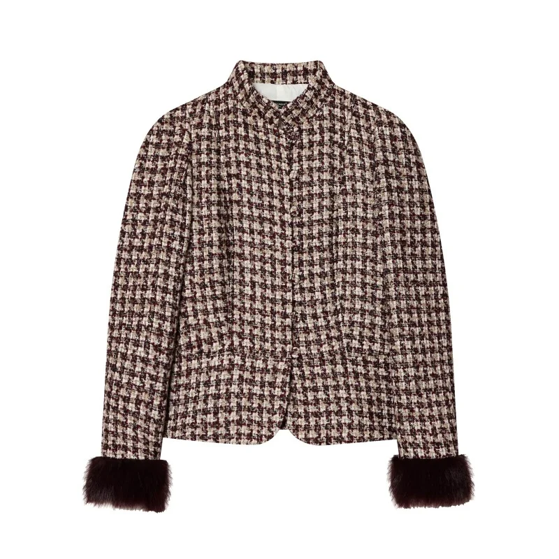 

Женский короткий пиджак с рукавами из искусственного меха и твидовым материалом, осенне-зимний, модный, с воротником-стойкой, приталенный крой