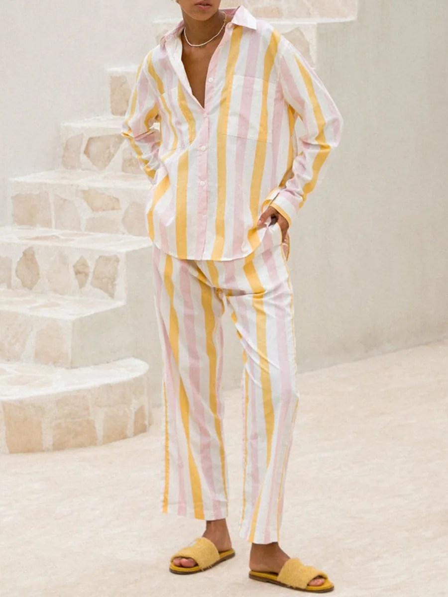 Women Striped 2 Piece Pajamas Set Y2K Long Sleeve Baggy Shirt Wide Leg Pants Lounge Sleepwear Pj Matching Sets