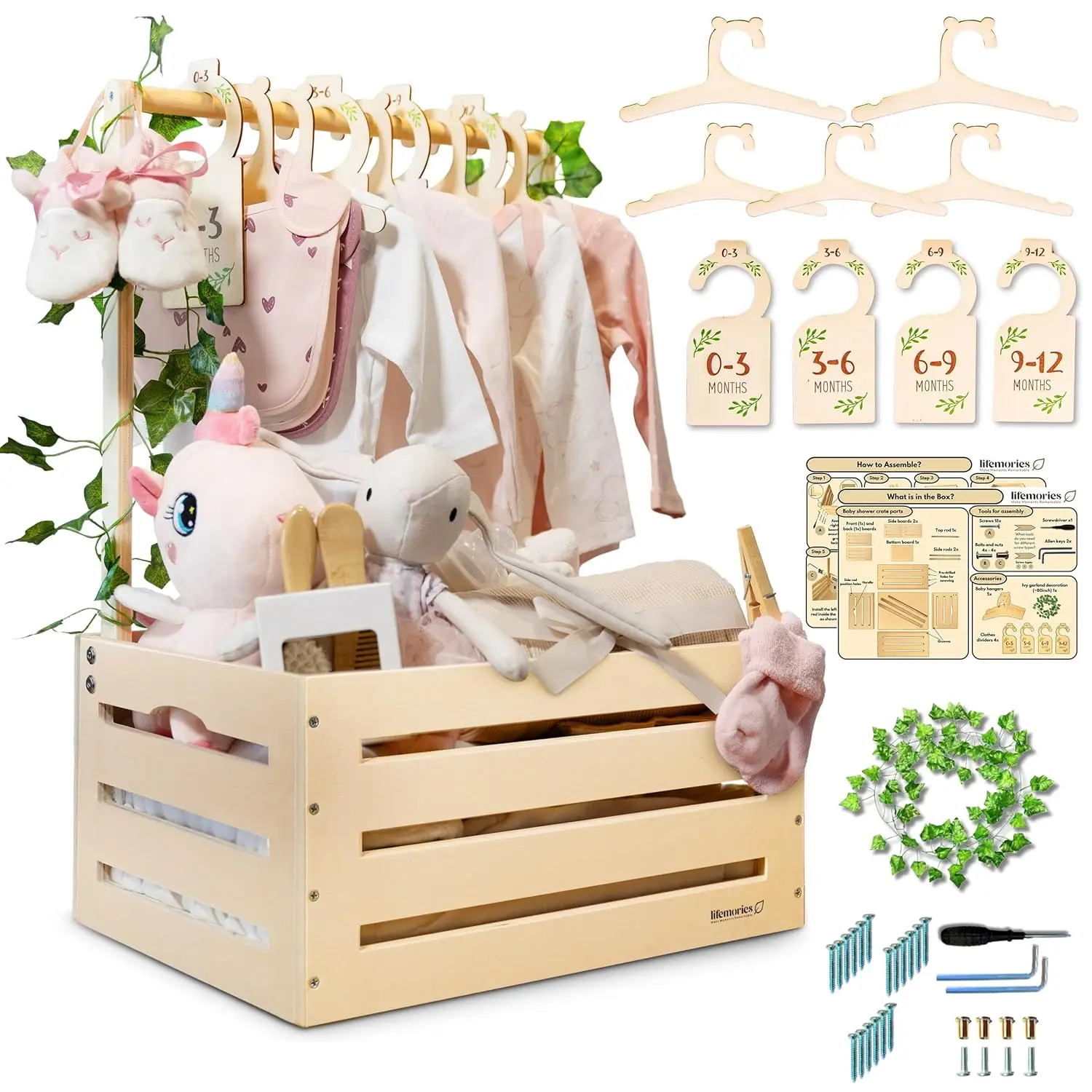 

Wooden Baby Shower Crate Closet with Hangers & Dividers, Large Gift Basket for Boys & Girls, Storage Display with Handles & Ivy