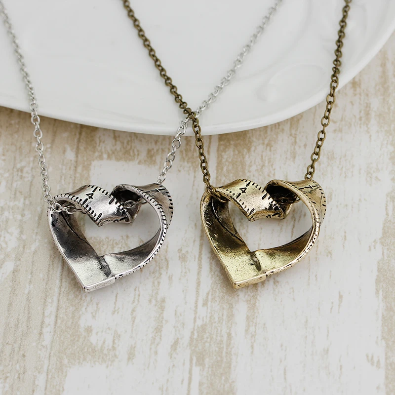 Vintage Silver Bronze Tape Measure Heart Pendant Necklace Unique Designer Jewelry